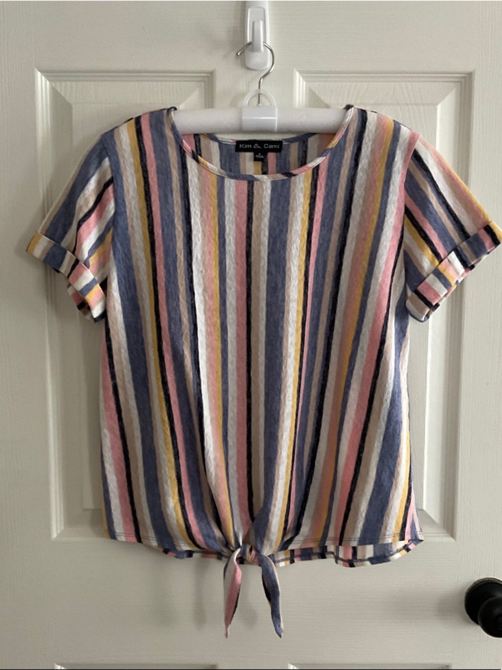 Kim & Cami Multicolor Striped Tie-Front Short Sleeve Top - Pink/Blue